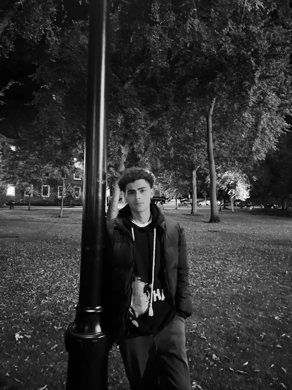 Eddy at night beside a lamp post in a park, in black and white.